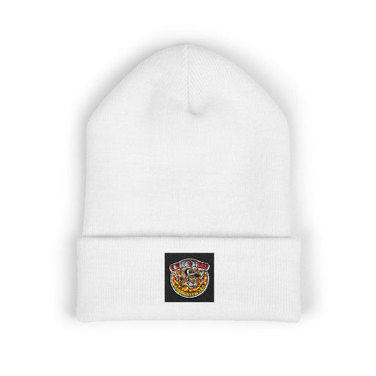 Embroidered Gold Crown Pizza Patch Beanie — Classic Cuffed Knit Hat