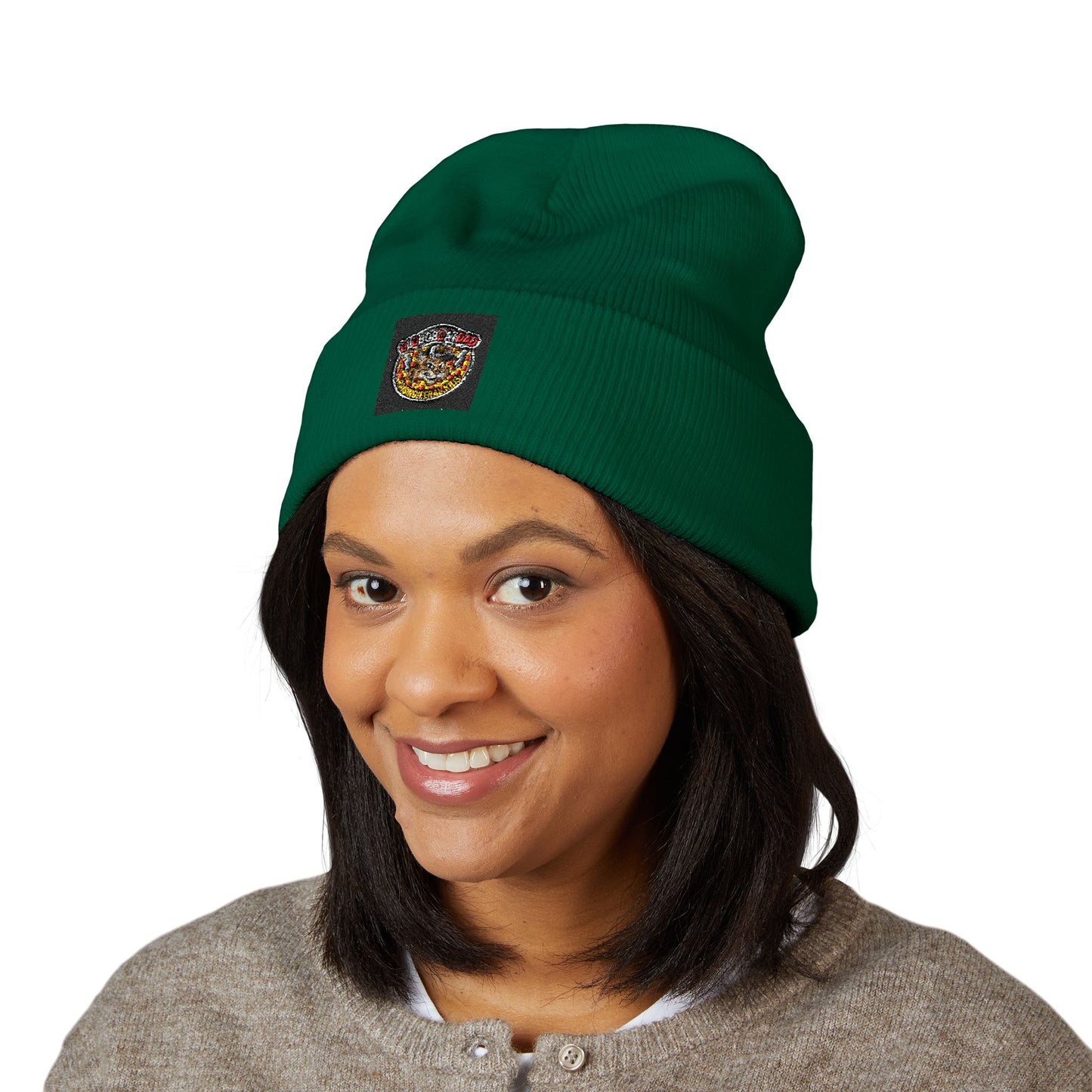 Embroidered Gold Crown Pizza Patch Beanie — Classic Cuffed Knit Hat