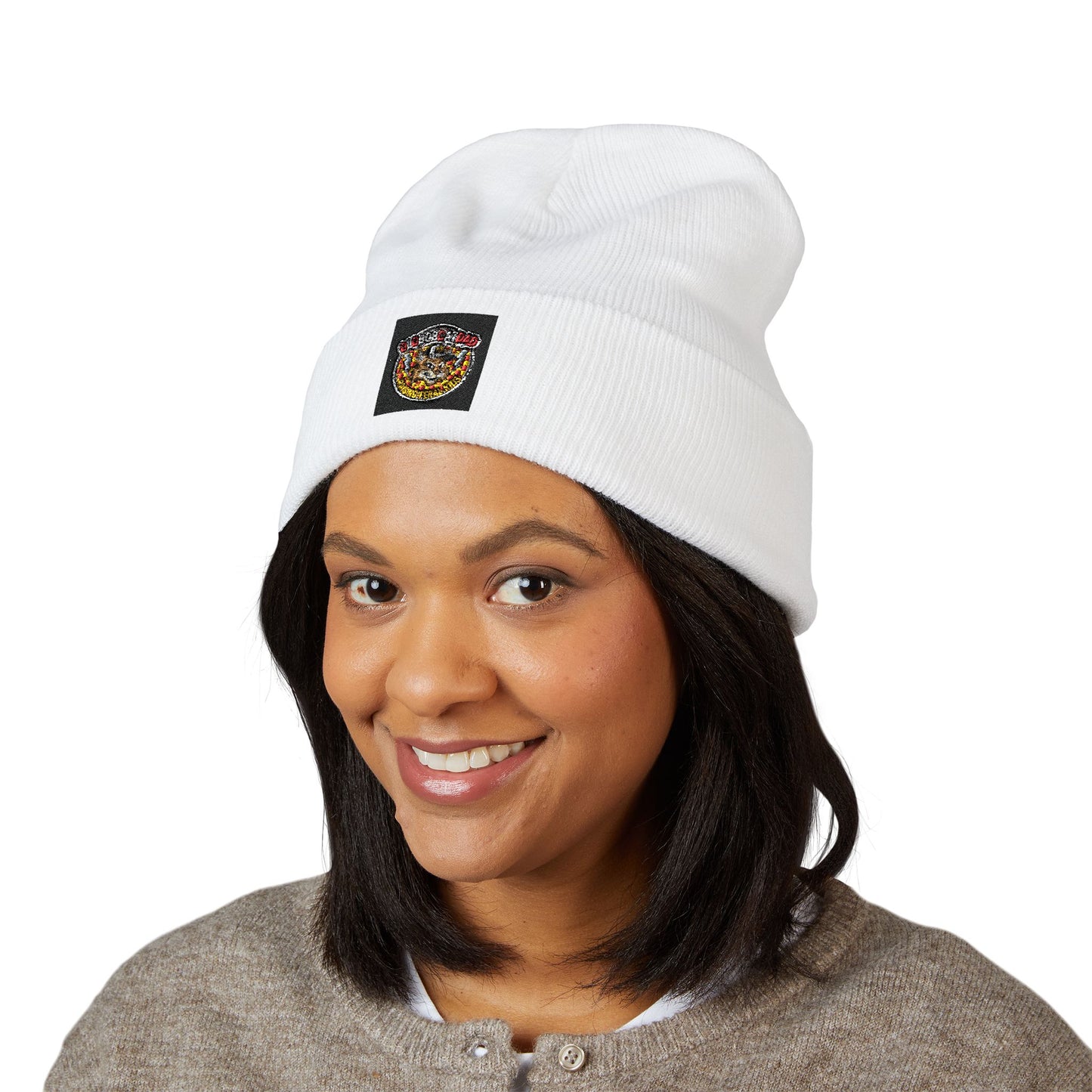 Embroidered Gold Crown Pizza Patch Beanie — Classic Cuffed Knit Hat