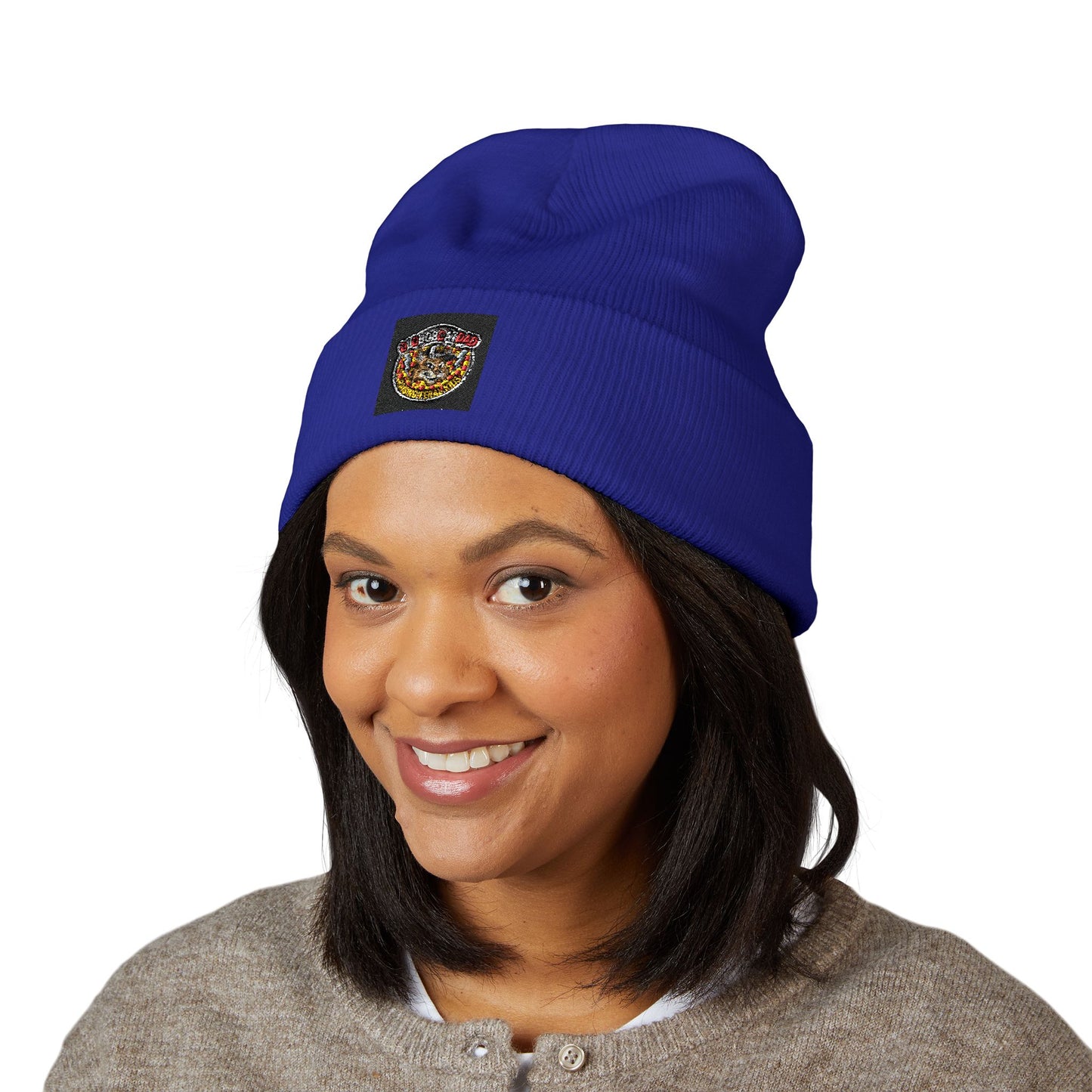 Embroidered Gold Crown Pizza Patch Beanie — Classic Cuffed Knit Hat
