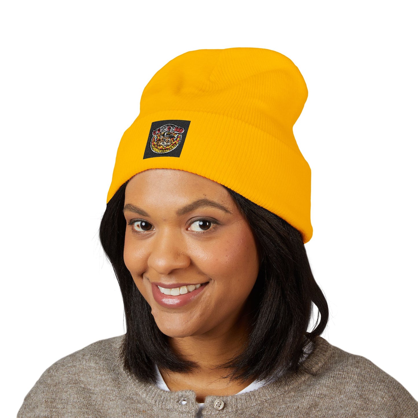 Embroidered Gold Crown Pizza Patch Beanie — Classic Cuffed Knit Hat