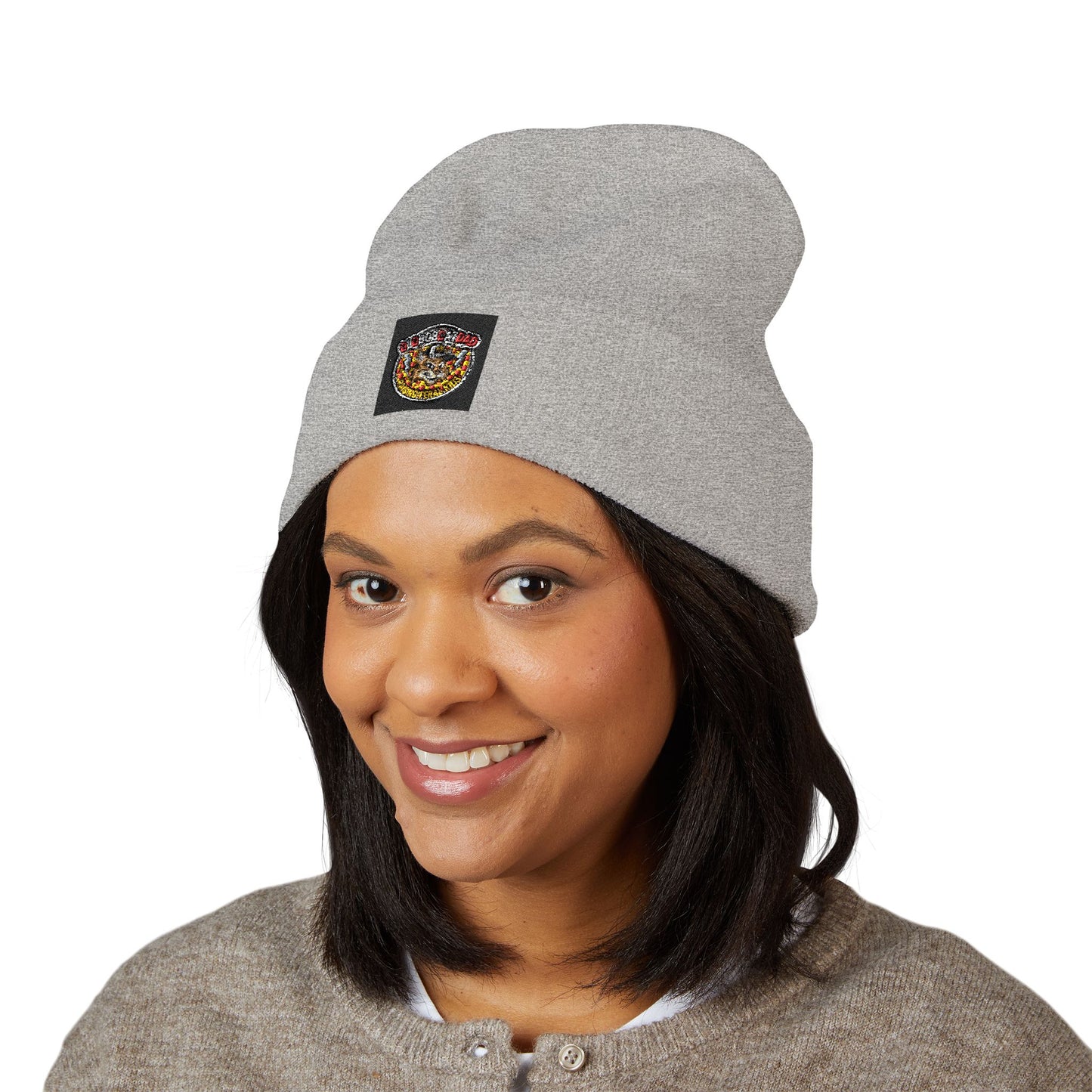 Embroidered Gold Crown Pizza Patch Beanie — Classic Cuffed Knit Hat