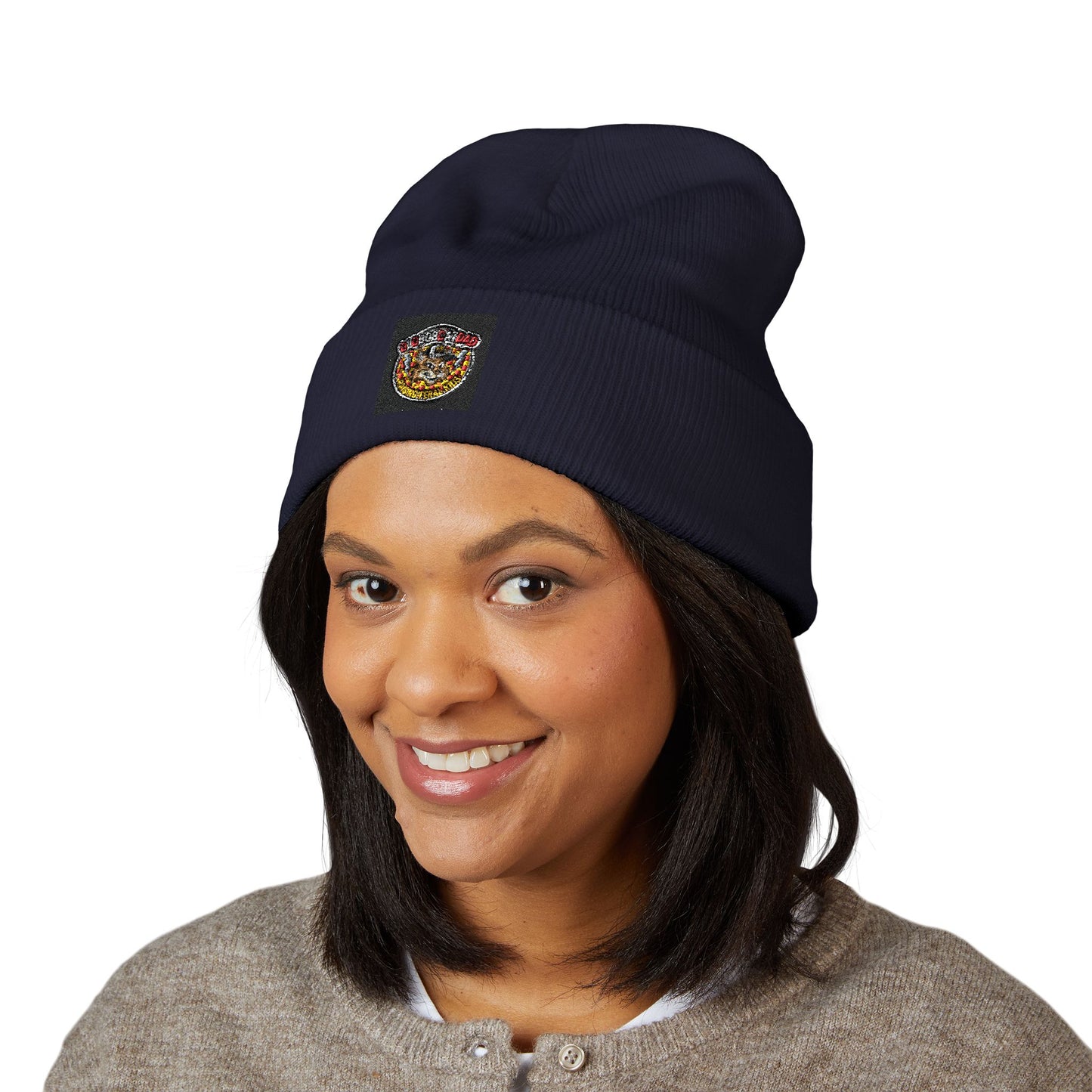 Embroidered Gold Crown Pizza Patch Beanie — Classic Cuffed Knit Hat
