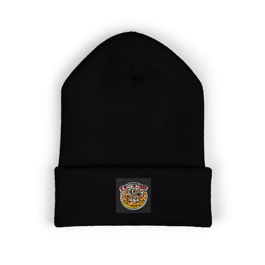 Embroidered Gold Crown Pizza Patch Beanie — Classic Cuffed Knit Hat
