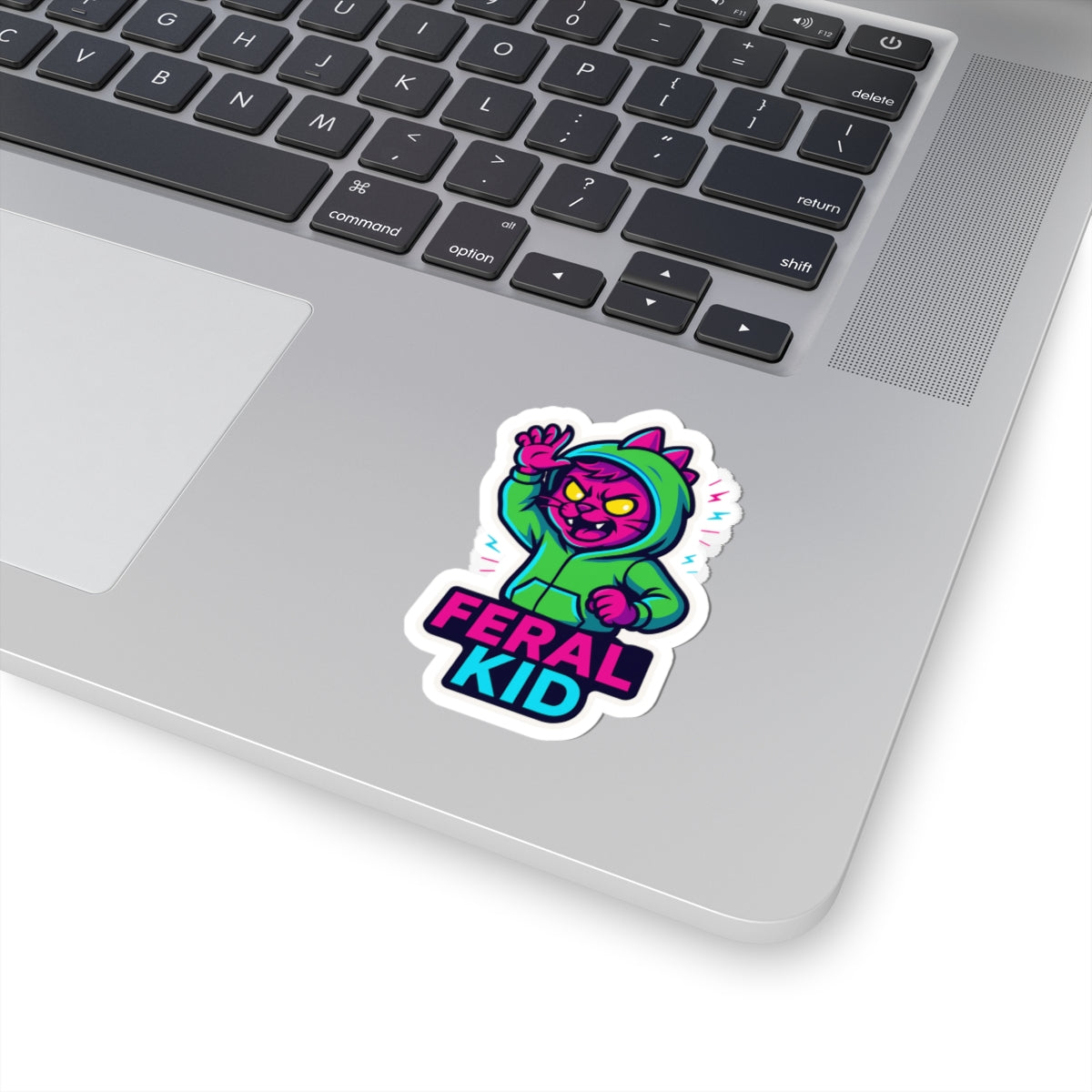 Feral Kid Sticker — Neon Cat in Hoodie Kiss-Cut Vinyl Sticker