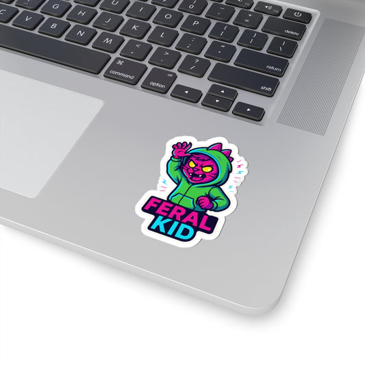 Feral Kid Sticker — Neon Cat in Hoodie Kiss-Cut Vinyl Sticker
