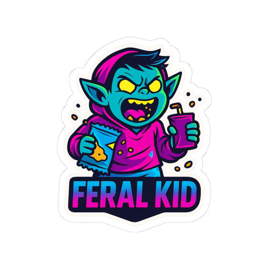 Feral Kid Sticker — Neon Goblin Character Kiss-Cut Decal