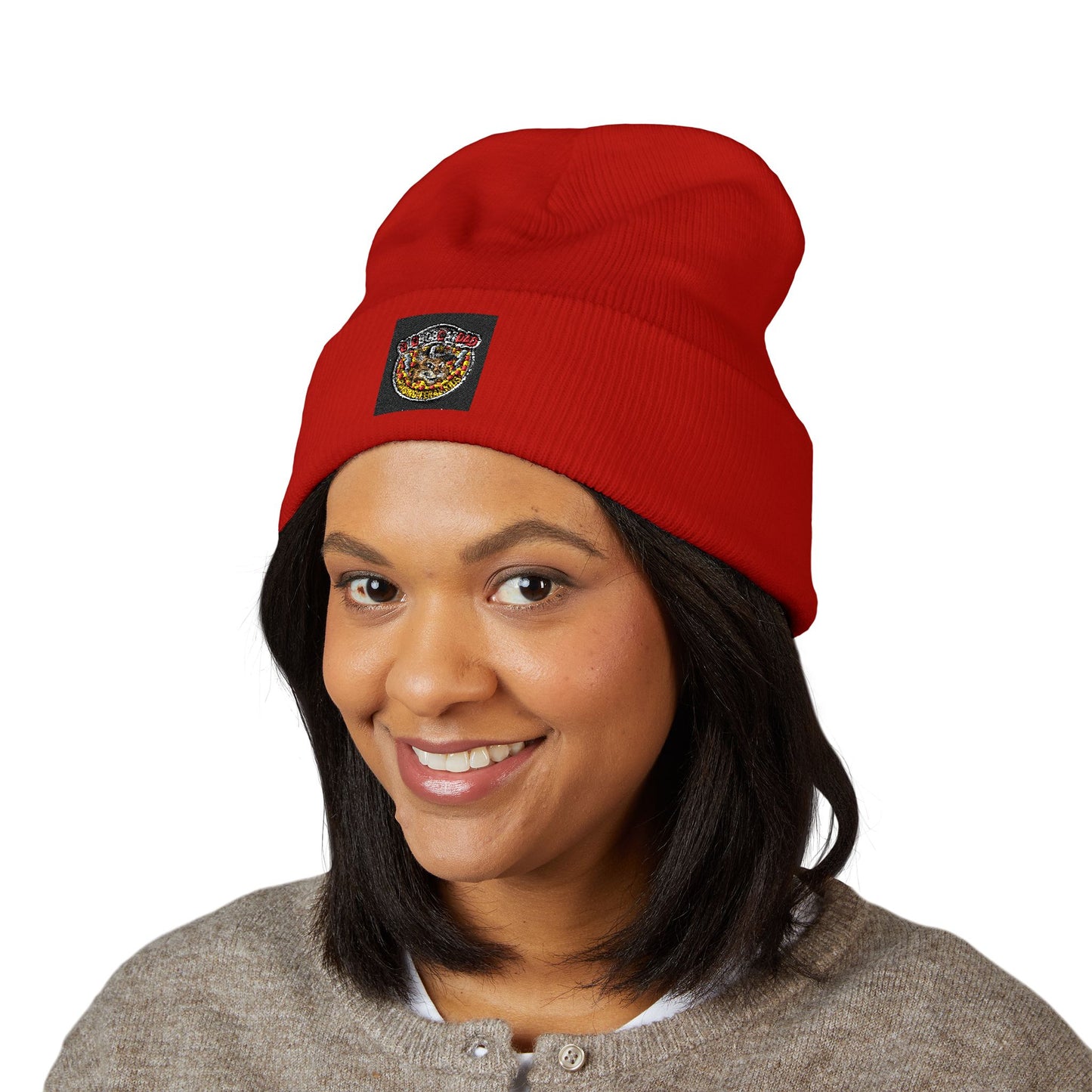 Embroidered Gold Crown Pizza Patch Beanie — Classic Cuffed Knit Hat
