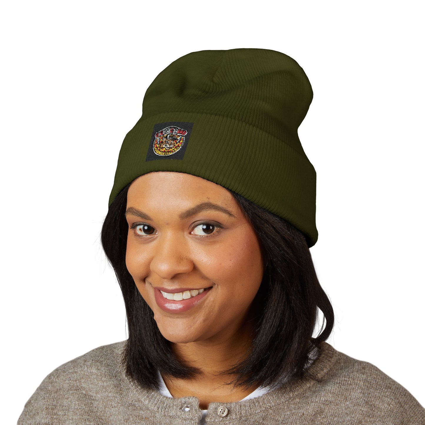 Embroidered Gold Crown Pizza Patch Beanie — Classic Cuffed Knit Hat