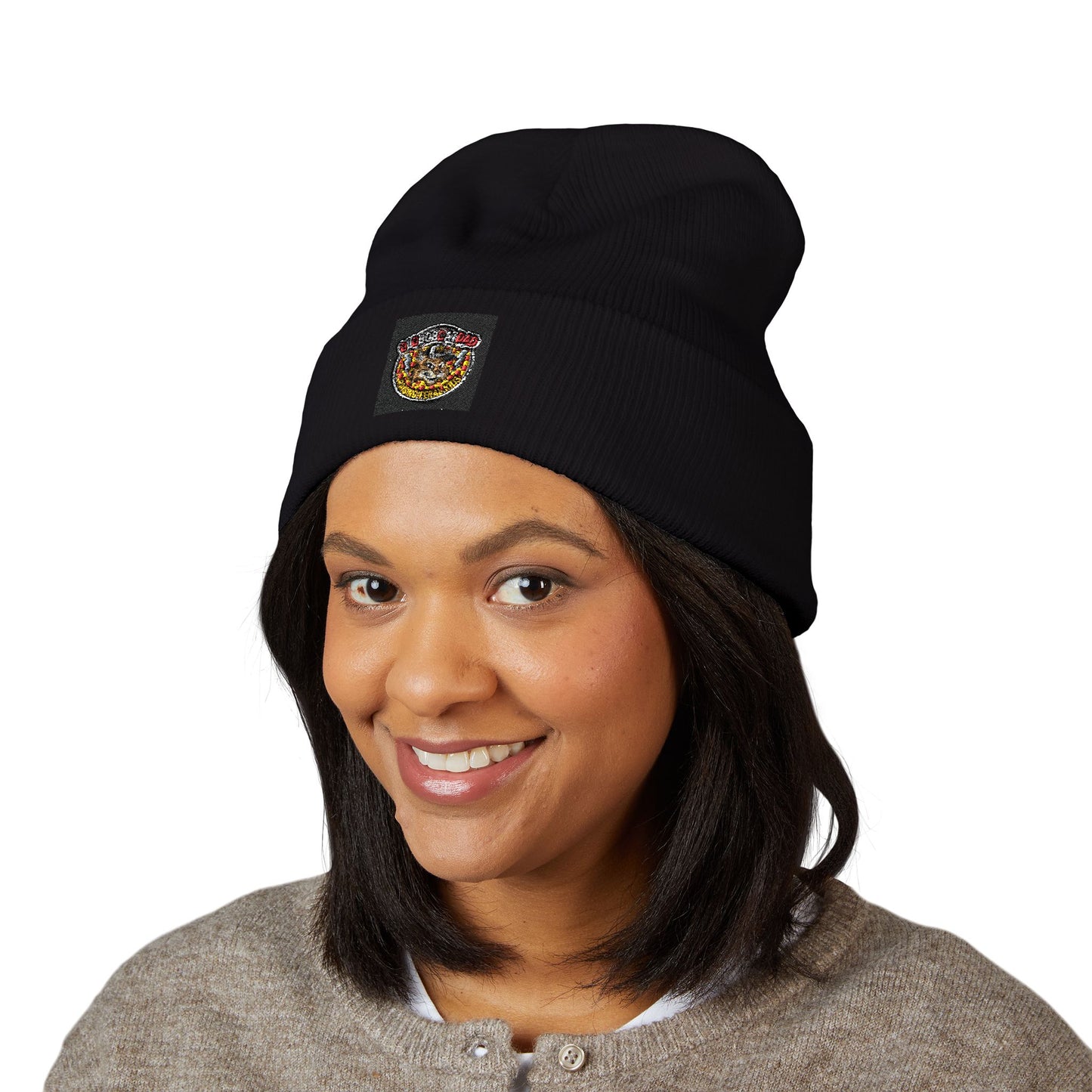 Embroidered Gold Crown Pizza Patch Beanie — Classic Cuffed Knit Hat