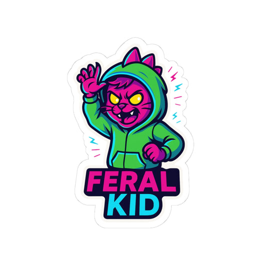 Feral Kid Sticker — Neon Cat in Hoodie Kiss-Cut Vinyl Sticker